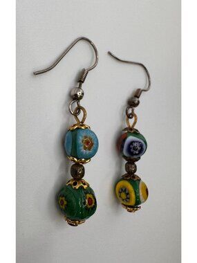 Artisan Millefiori Glass Dangle Earrings Green Graduated Beads Boho Vintage